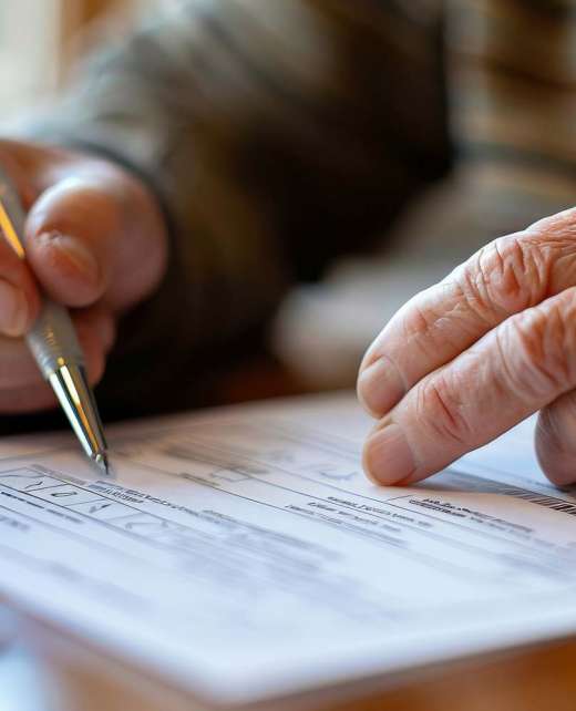 Person filling out a mail-in ballot at home, pen in hand and focused expression